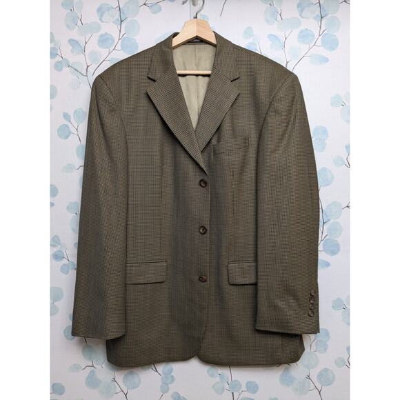 VTG Oscar De La Renta Men's Tan Houndstooth Sport Coat Sz 44L Beige Navy Office - Picture 2 of 12